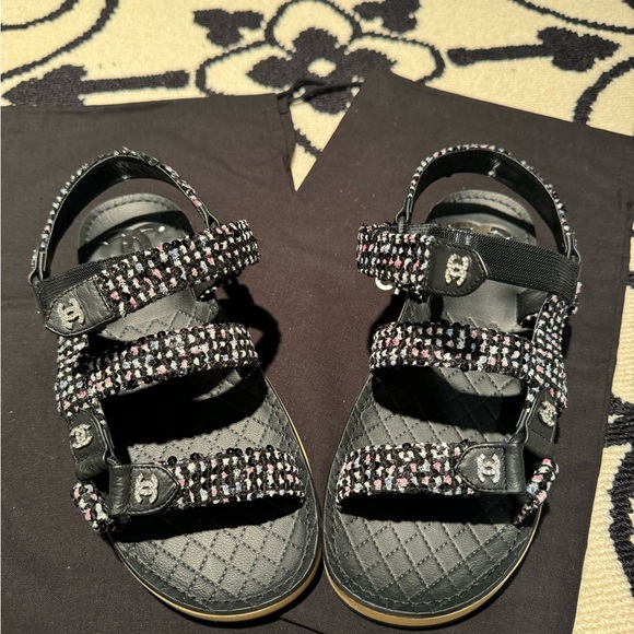 Chanel - Tweed Lambskin Crystal CC Slingback Sandals in Black Multicolor - Picture 9 of 12